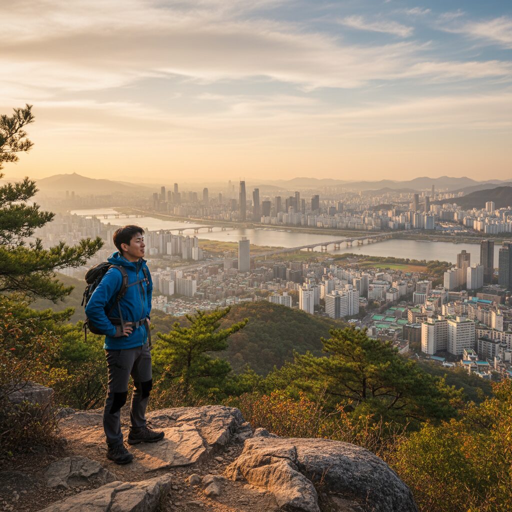 아차산 등산로에서 서울 시내 전망을 바라보는 등산객