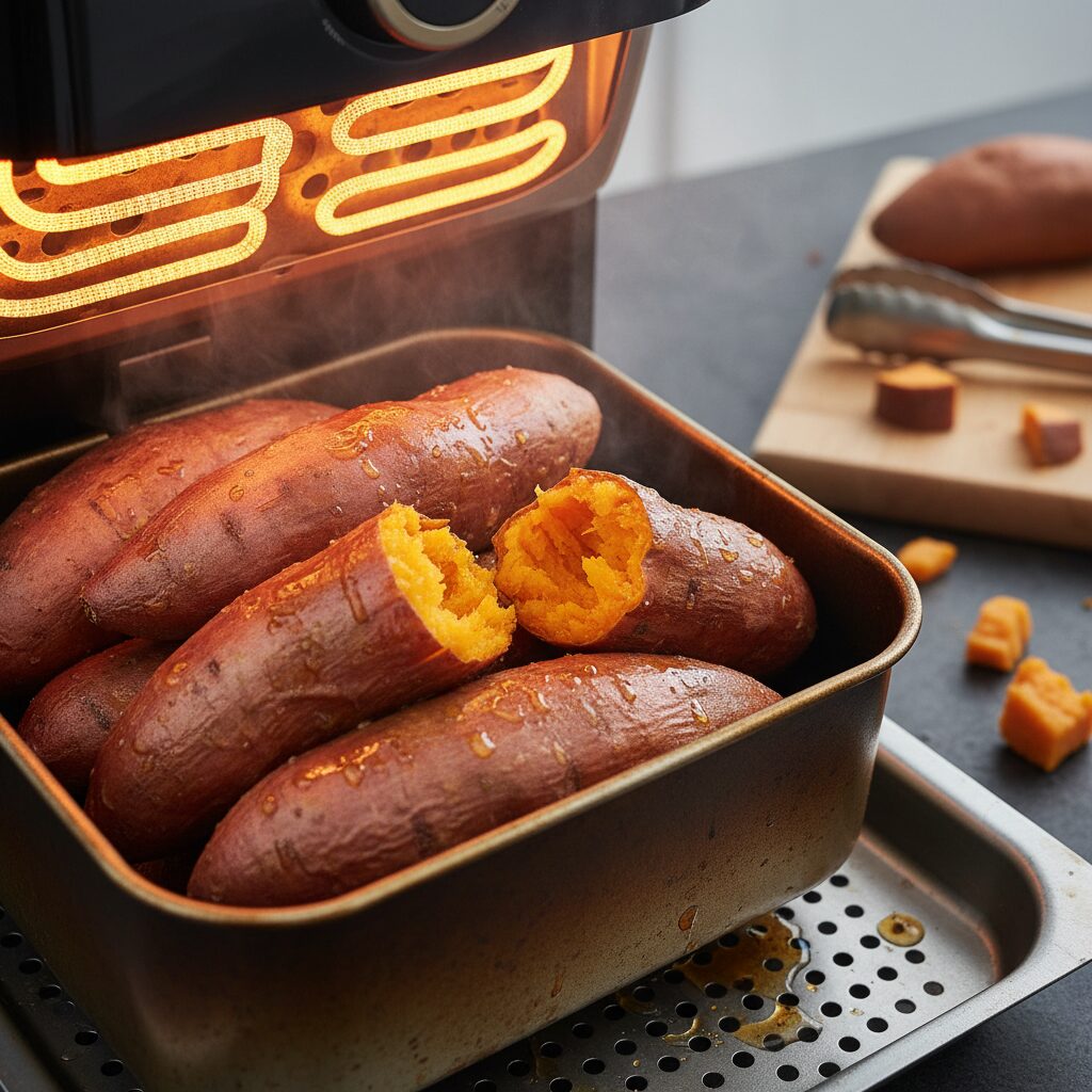 에어프라이어에 구워지는 군고구마, 노릇하고 달콤한 군고구마 완성품