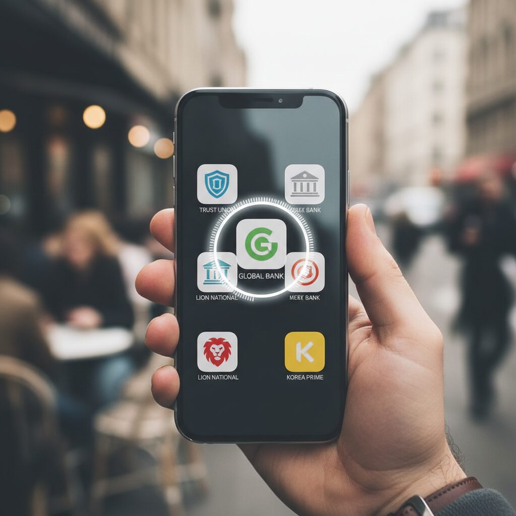 스마트폰 화면에 다양한 은행 앱 아이콘이 표시되고 그 중 하나가 강조되어 있는 이미지