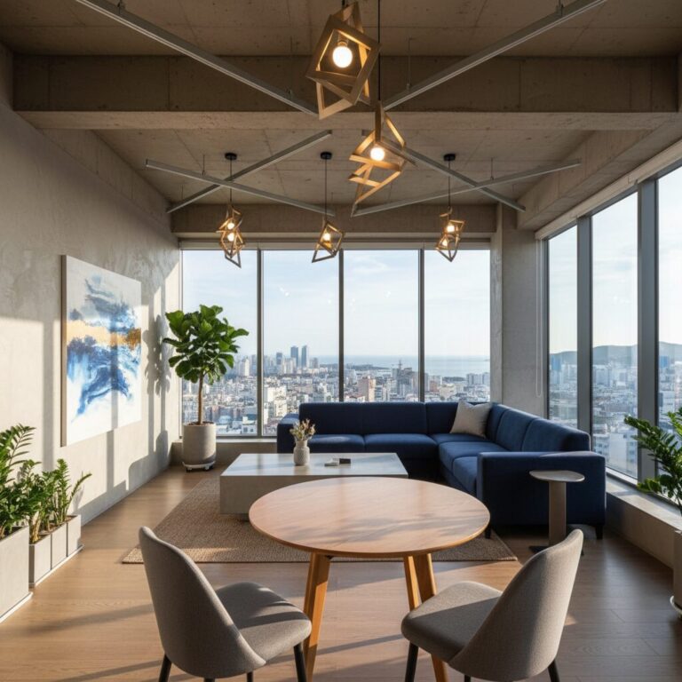 부산 파티룸 내부 인테리어, 창가에 배치된 테이블과 의자, 모던한 인테리어 디자인