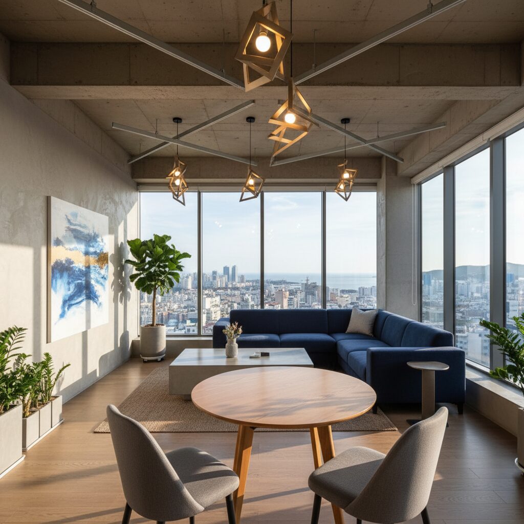 부산 파티룸 내부 인테리어, 창가에 배치된 테이블과 의자, 모던한 인테리어 디자인