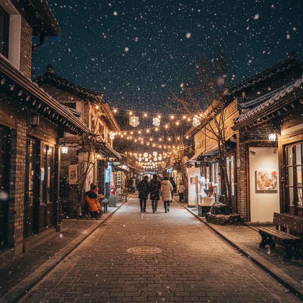 겨울밤 조명과 인공 눈꽃이 내리는 마산 창동 예술촌 거리 풍경