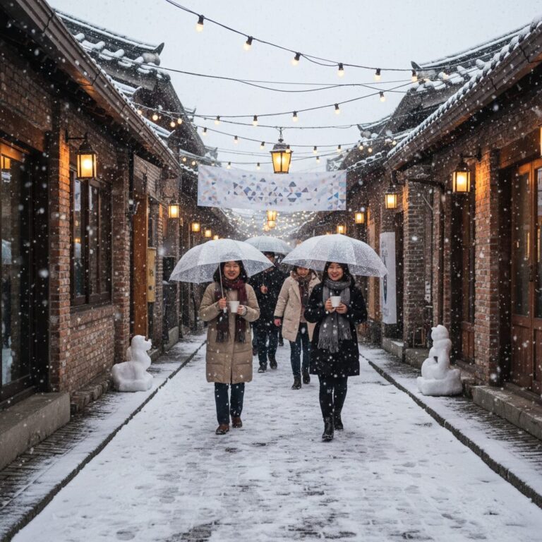 마산 창동 눈꽃축제 시간에 눈 내리는 골목길 풍경