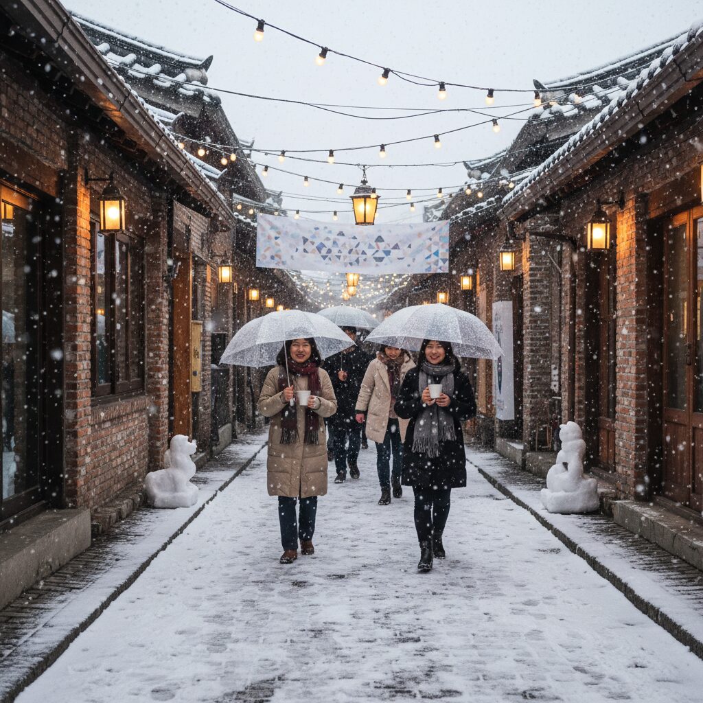마산 창동 눈꽃축제 시간에 눈 내리는 골목길 풍경