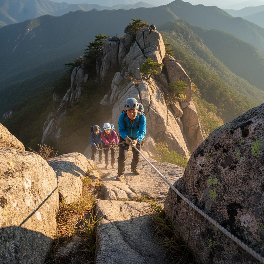 천태산 암릉 구간에서 로프를 잡고 등반하는 등산 모임 참가자