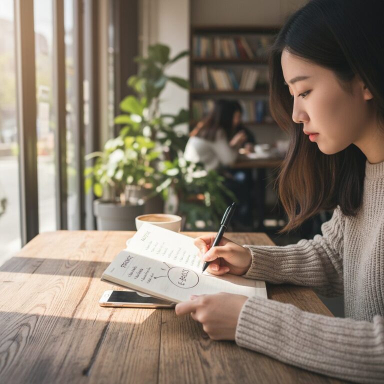 전자책 주제 브레인스토밍을 위해 노트에 잘하는 것과 좋아하는 것을 적는 모습
