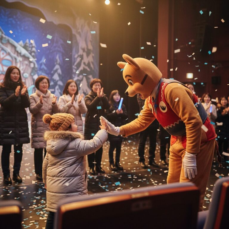 겨울방학 가족 뮤지컬 커튼콜에서 아이와 배우가 하이파이브하는 모습