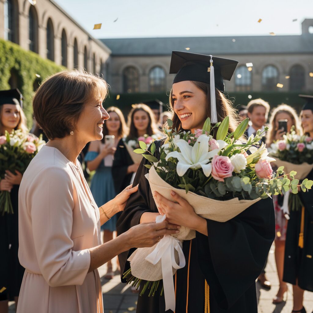 졸업식장 꽃다발 전달 기쁨 감동