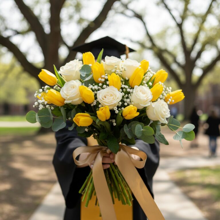 졸업식 꽃다발 색감 조합 노란 튤립 하얀 장미