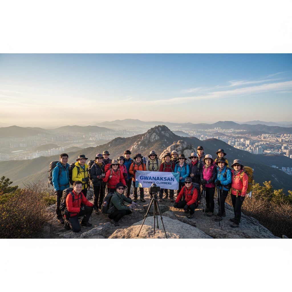 관악산 정상에서 단체 인증사진을 찍는 등산 모임 참여자들