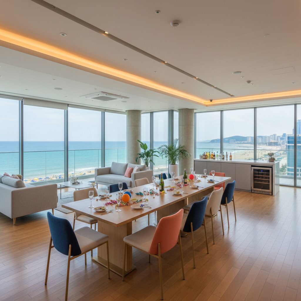 해운대 바다뷰 파티룸, 넓은 창을 통해 푸른 바다가 보이는 실내 공간