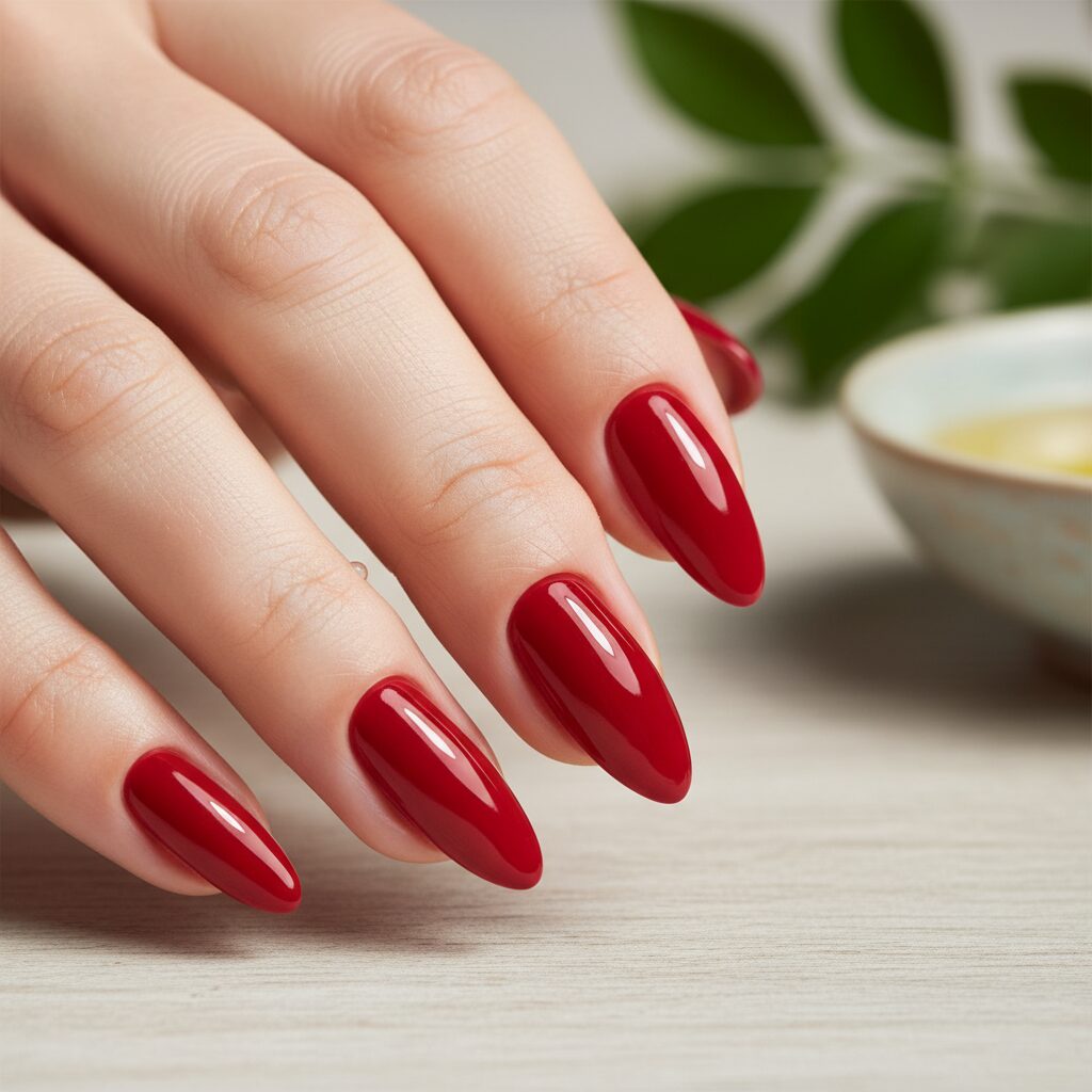 건강하고 윤기 나는 레드 컬러의 잘 관리된 손톱
