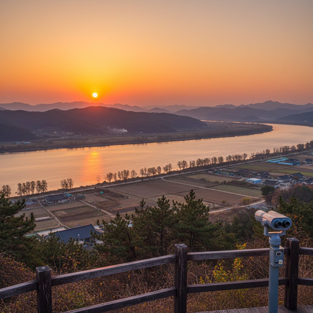 파주 오두산 통일전망대에서 바라본 강 너머 일몰 풍경