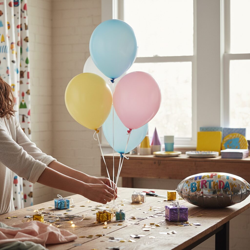 파티룸 장식 준비 과정, 풍선과 간단한 장식품으로 테이블을 꾸미는 모습
