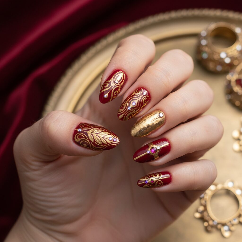 레드와 골드 색상이 조화된 고급스러운 네일아트 디자인