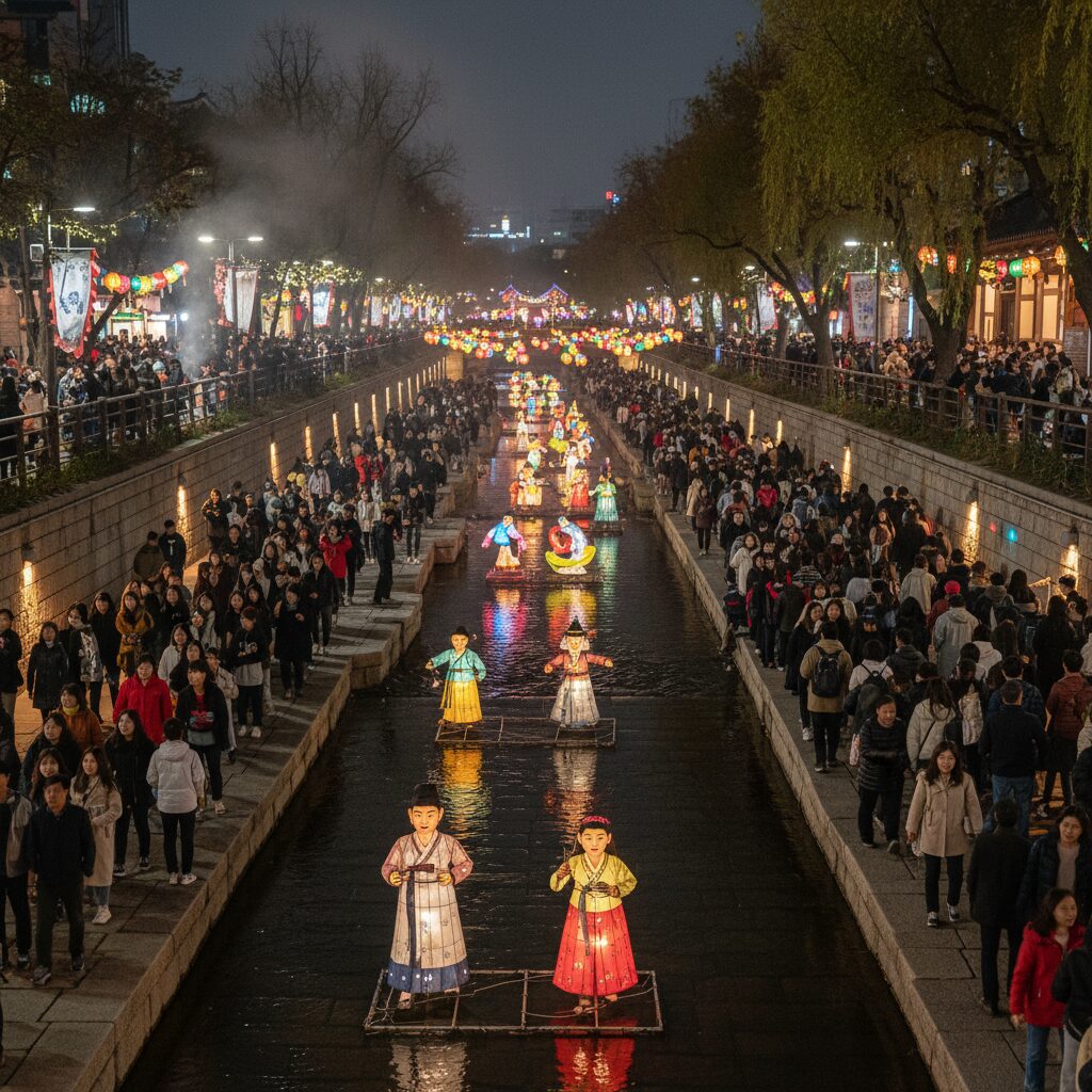 서울 빛초롱 축제 청계천 인파 많은 밤 풍경