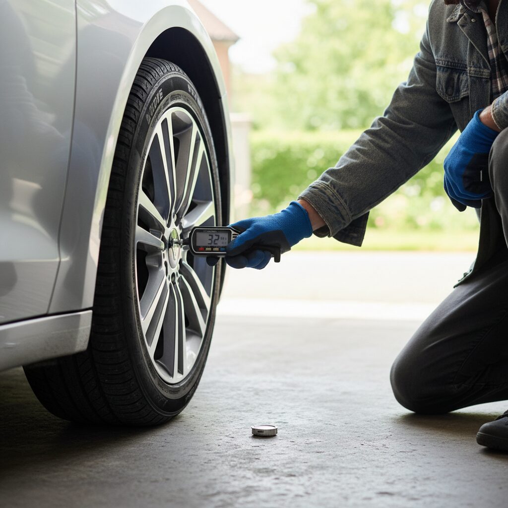 차량 타이어 공기압을 체크하고 있는 모습