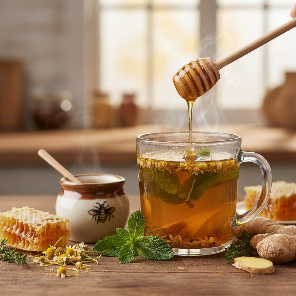 따뜻한 허브티와 꿀, 목 건강에 좋은 음료