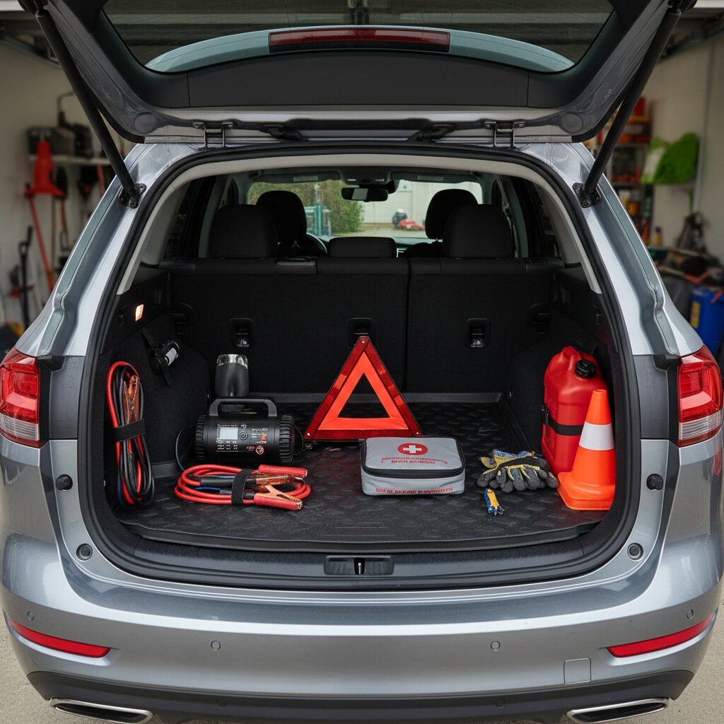 차량 트렁크에 비상용품이 준비되어 있는 모습