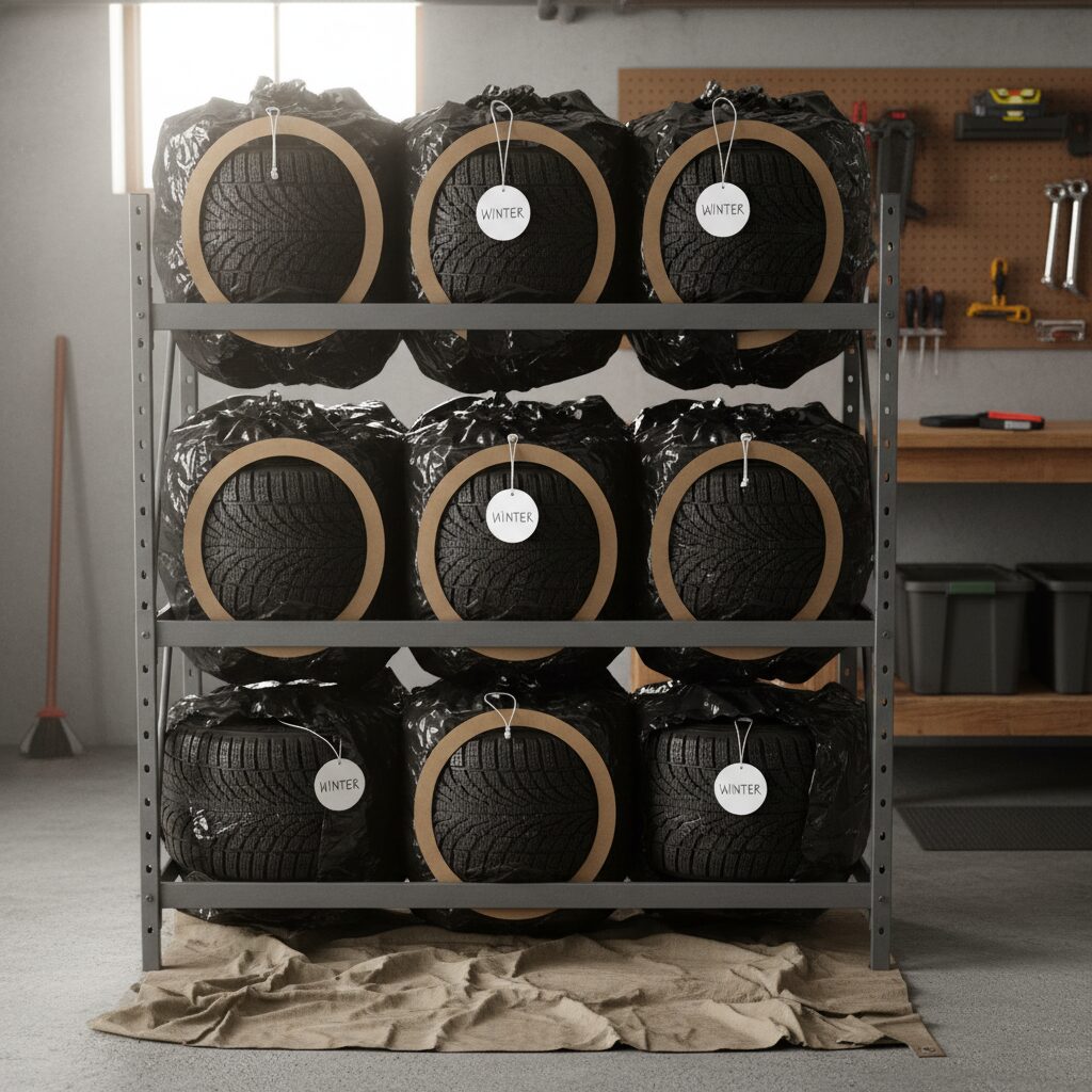 적절하게 보관 중인 겨울용 타이어 세트