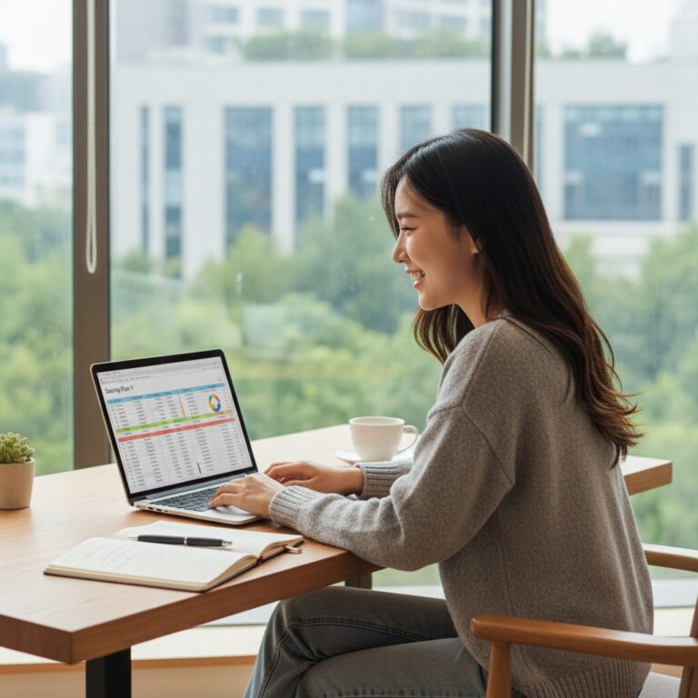 젊은 여성이 노트북 앞에서 저축 계획을 세우고 미소 짓는 모습