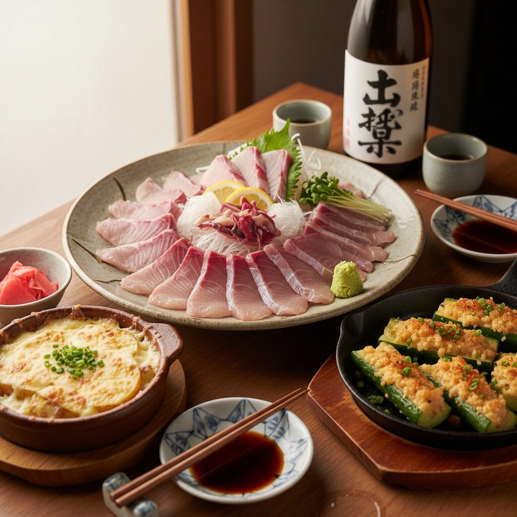 요유우의 대표 메뉴 방어 사시미와 명란오이구이, 치즈감자구이가 놓인 테이블