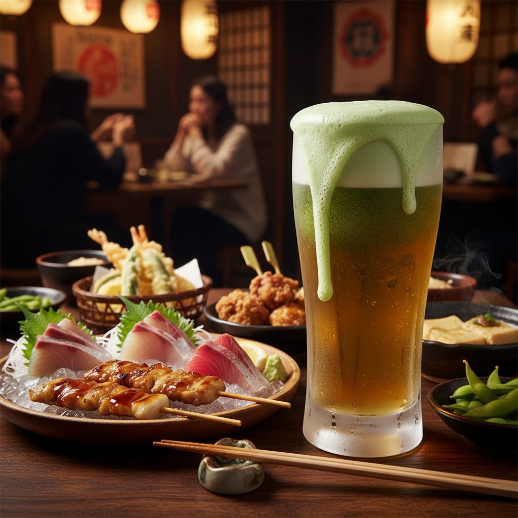 이자카야 요유우의 대표 메뉴 말차맥주와 다양한 안주