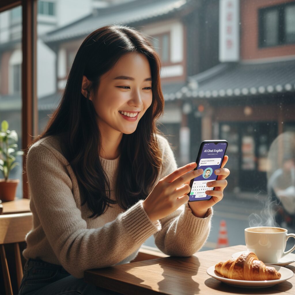 스마트폰으로 AI 채팅영어 앱을 사용하며 웃고 있는 여성