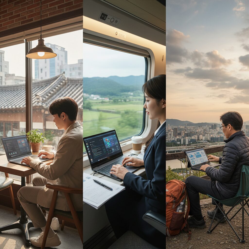 다양한 장소에서 AI PC로 업무하고 있는 모습 비교