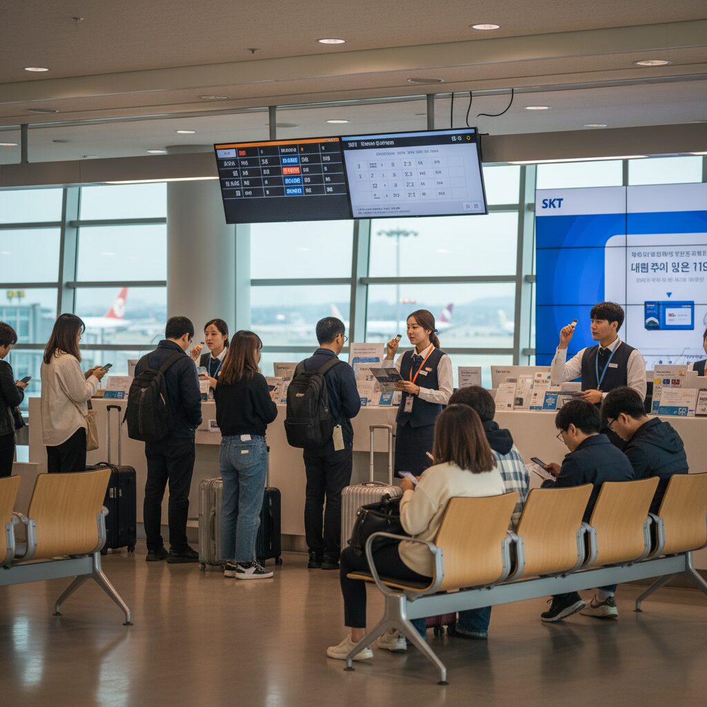 인천공항 SKT 로밍센터에서 유심 교체 대기하는 모습