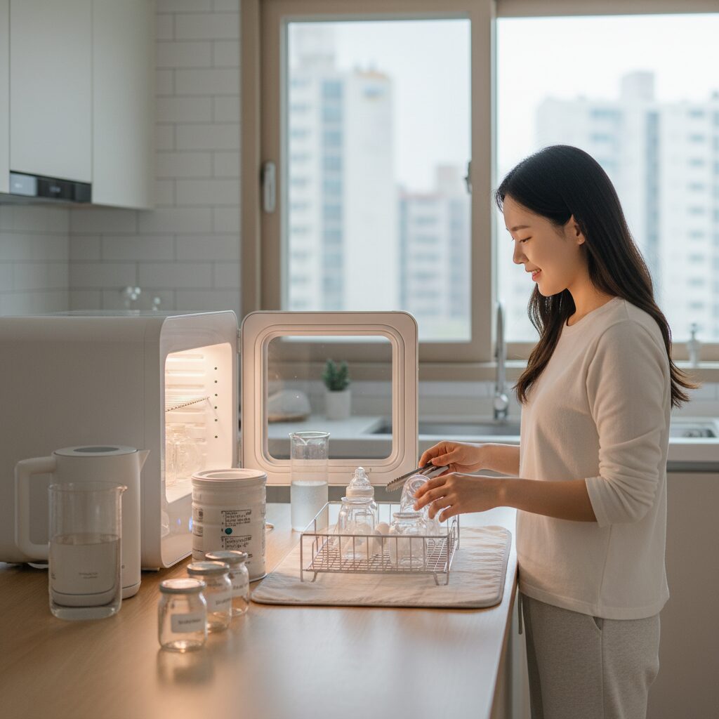젖병 소독과 분유 조리 준비 위생 관리 사진