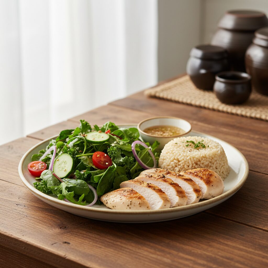 접시에 담긴 균형 잡힌 식사 샐러드 닭가슴살 현미