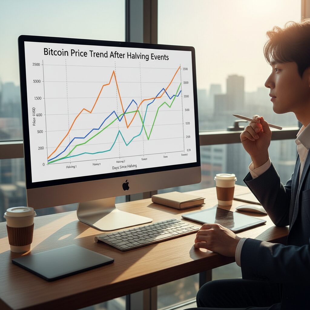 비트코인 과거 반감기 이후 가격 추이를 보여주는 라인 차트
