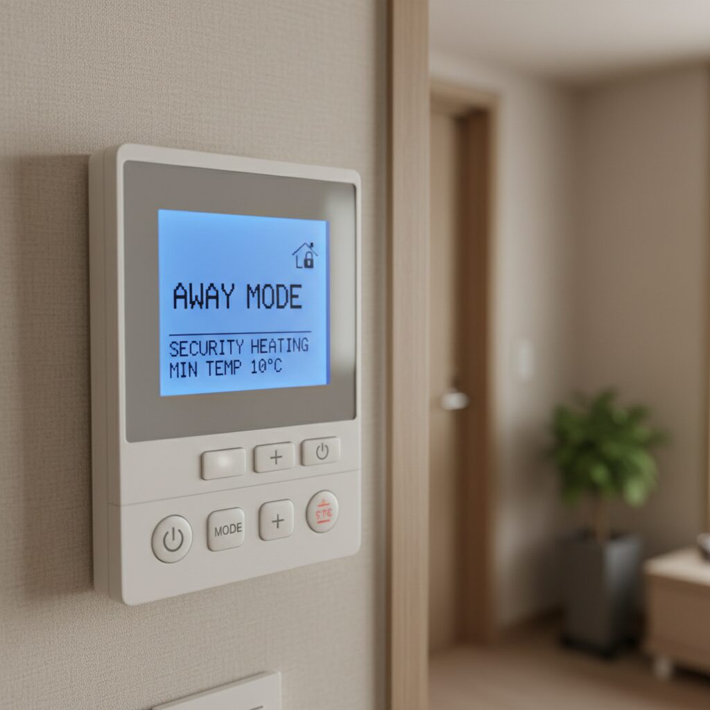 보일러 리모컨 화면에 외출 또는 방범난방 모드 표시