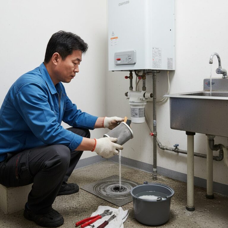 정기적으로 보일러 필터를 청소하고 점검하는 모습