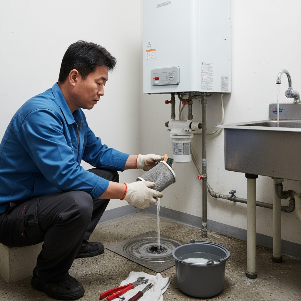정기적으로 보일러 필터를 청소하고 점검하는 모습