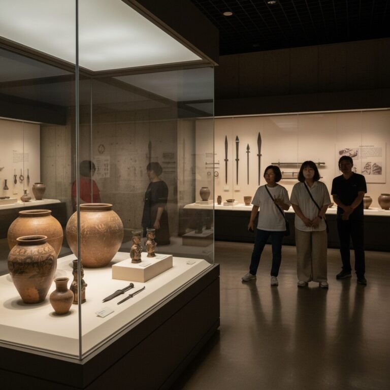 부산 복천박물관 전시실 내부의 고대 토기와 유물 전시 모습
