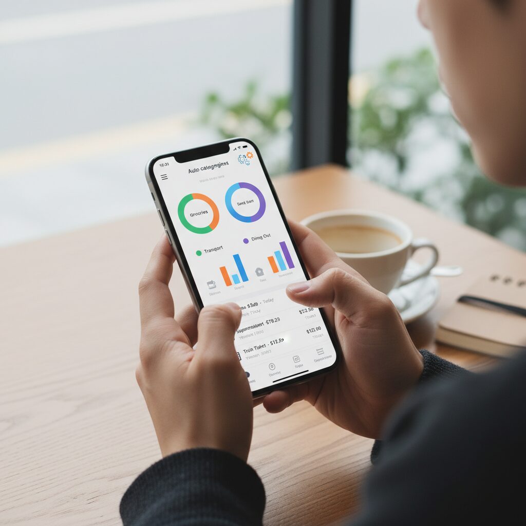 스마트폰에서 자동 분류 가계부 앱을 사용하는 모습