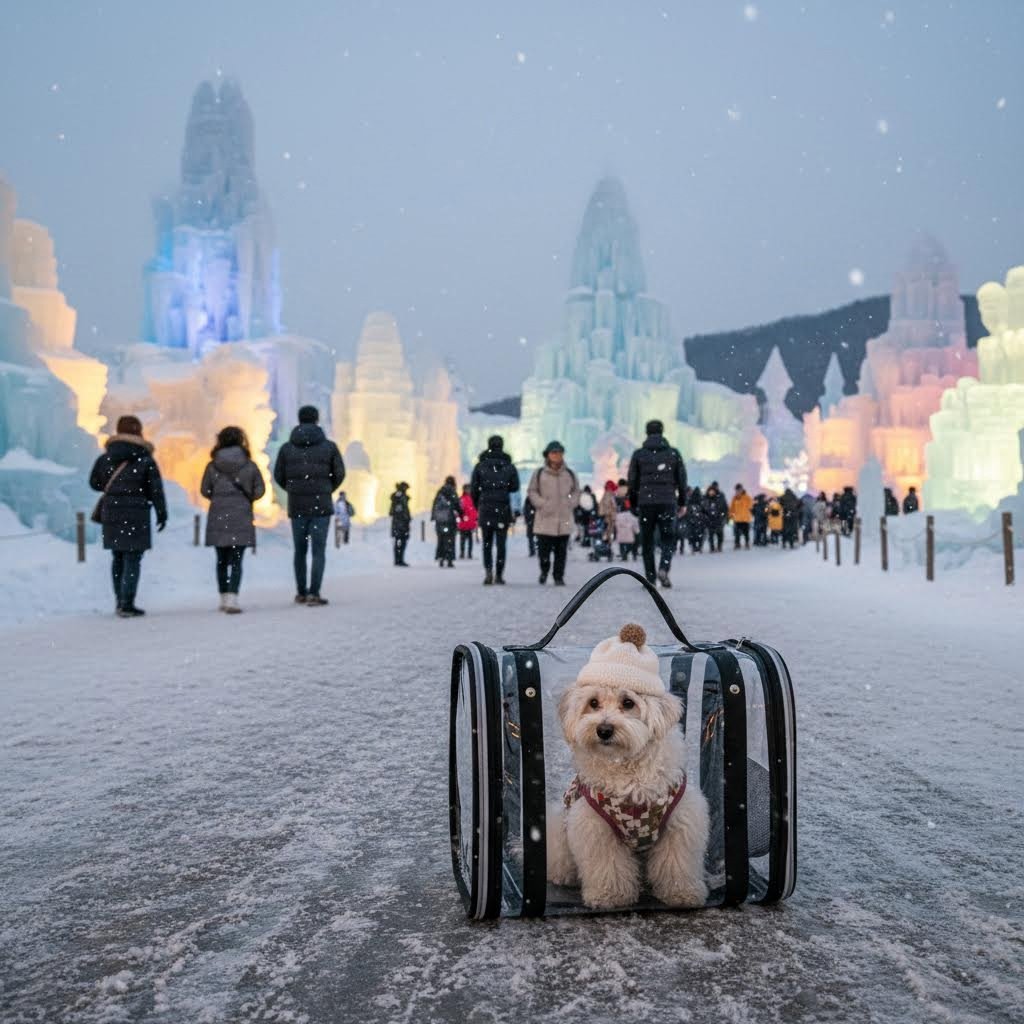 청양 얼음분수축제에서 이동가방에 탄 강아지와 배경의 눈조형물