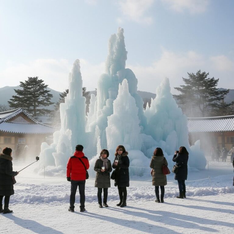 청양 얼음분수축제 메인 얼음분수 포토존의 겨울 풍경