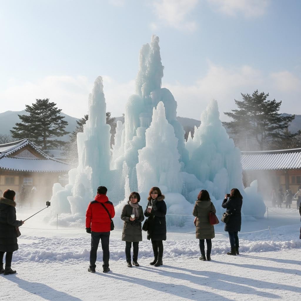 청양 얼음분수축제 메인 얼음분수 포토존의 겨울 풍경
