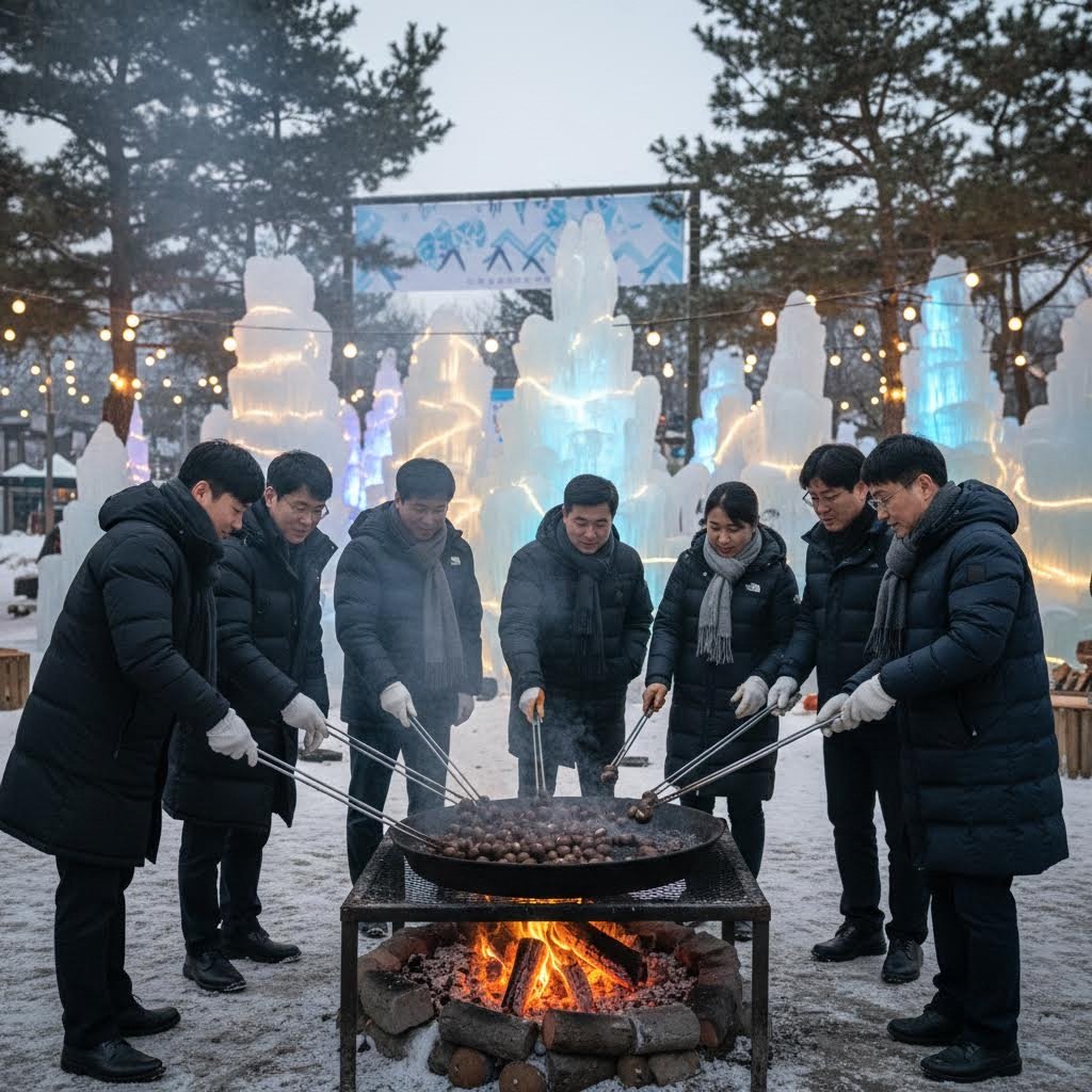 청양 얼음분수축제에서 군밤 구이 체험하는 모습