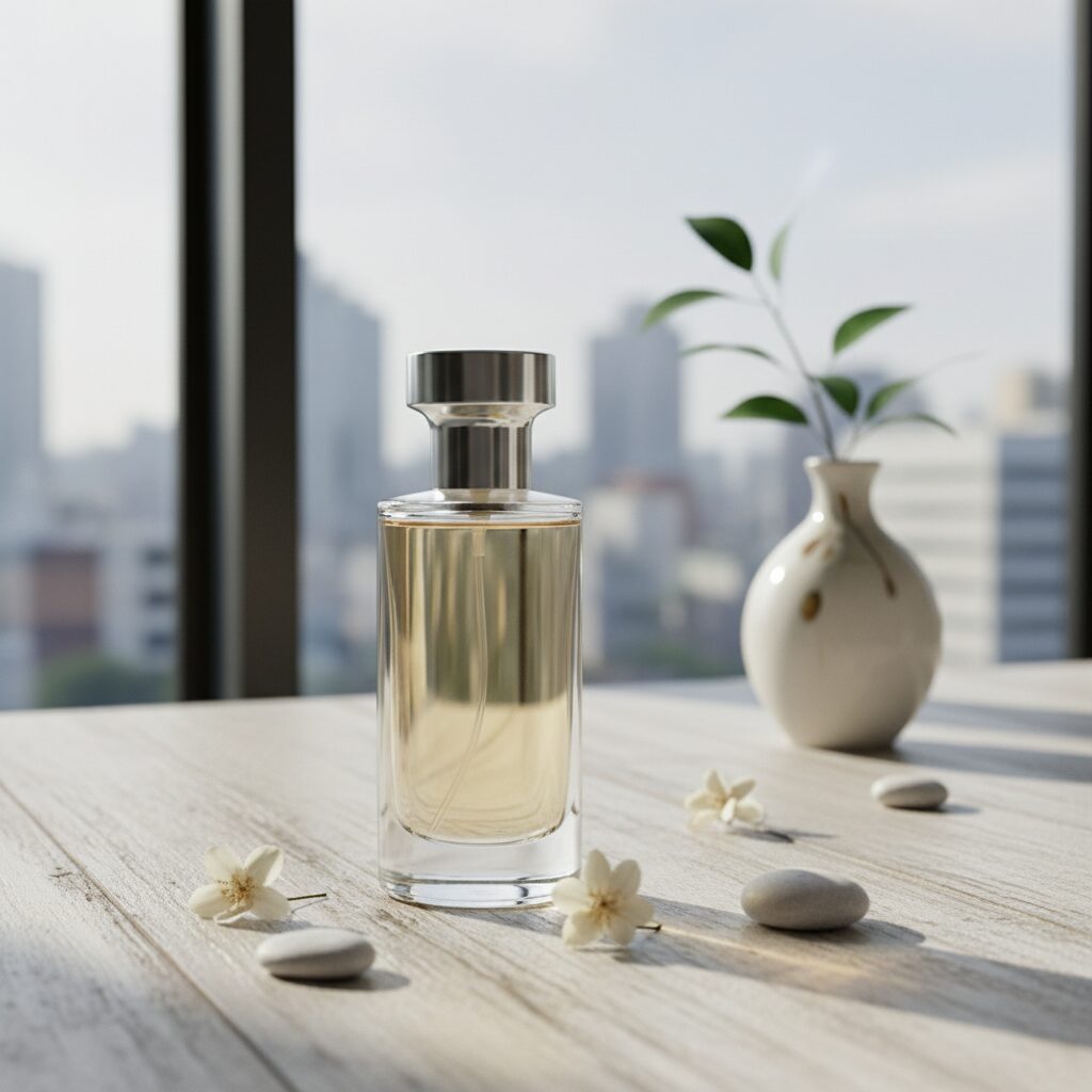 깨끗한 느낌의 향수 병이 나무 테이블 위에 놓여 있음