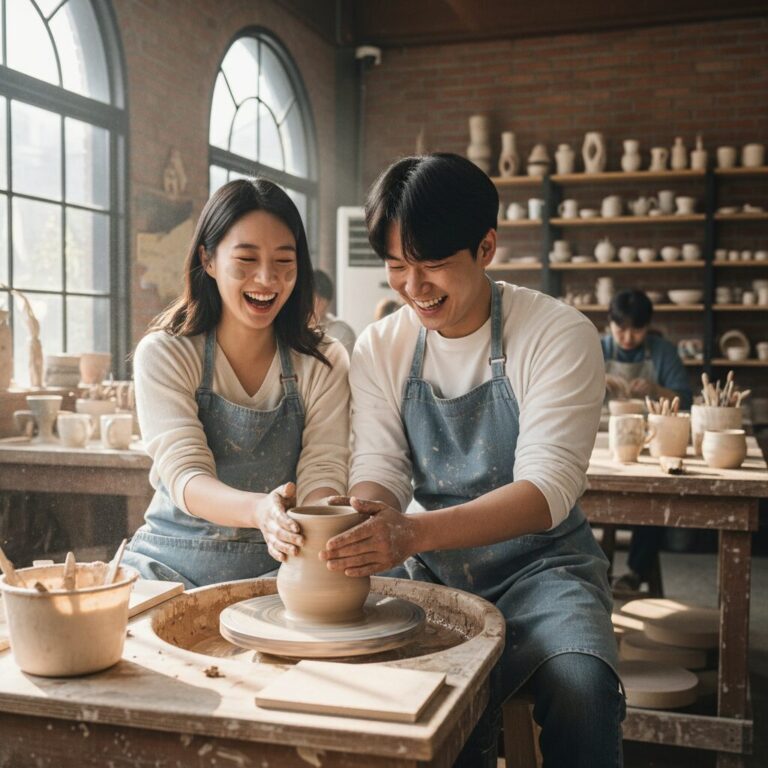 커플이 함께 도예 클래스에서 웃으며 작품을 만드는 모습