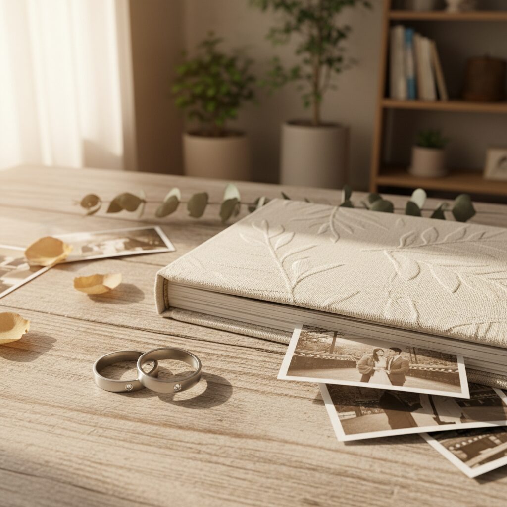 맞춤 제작된 심플한 커플링과 감성 포토앨범이 나란히 놓여 있는 모습