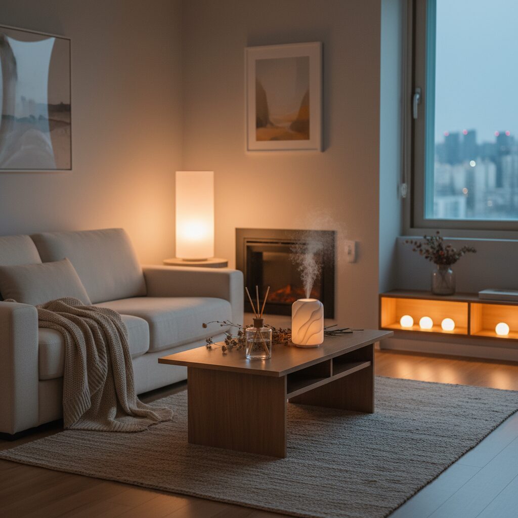 향기로운 디퓨저와 따뜻한 무드등으로 꾸며진 아늑한 거실 인테리어