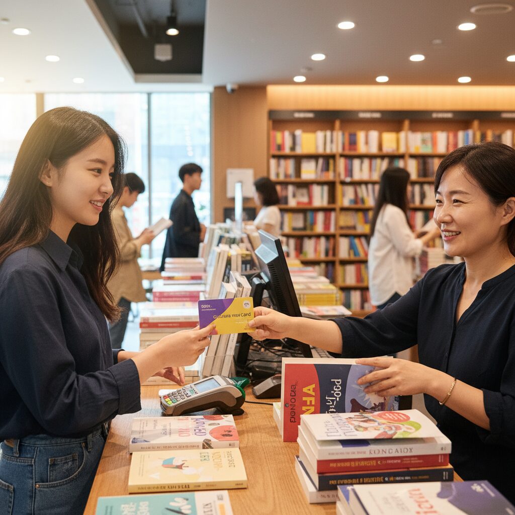 문화누리카드로 서점에서 책을 구매하는 모습
