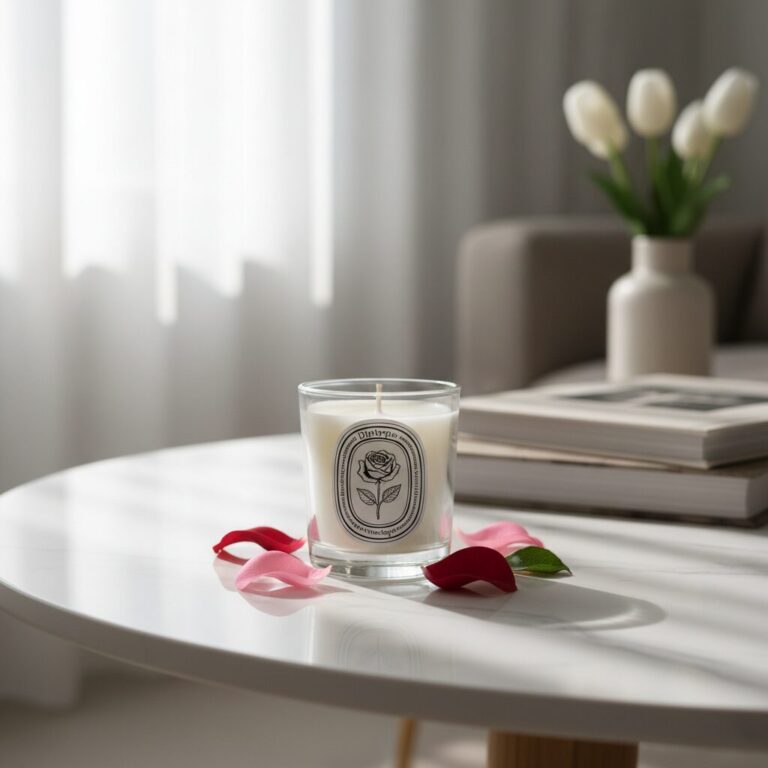 딥티크 로즈 향 미니 캔들이 화이트 테이블 위에 놓인 모습