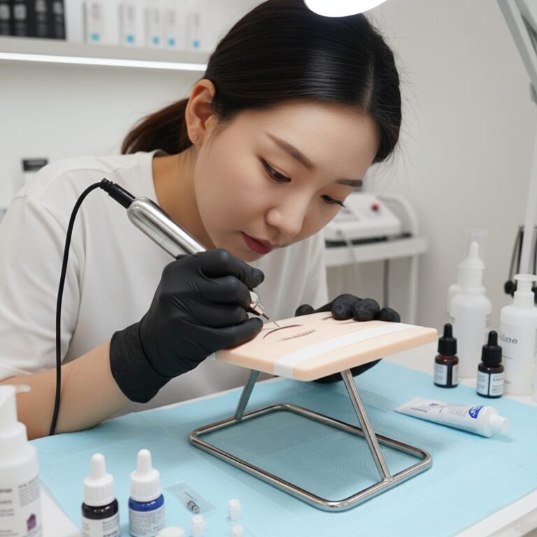 디바라인 SPMU 연습용 머신으로 인공피부에 연습하는 모습