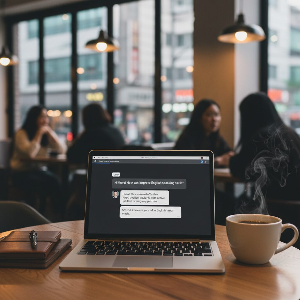 카페 테이블에 놓인 노트북과 커피, 화면에는 AI 채팅영어 대화창이 열려 있음